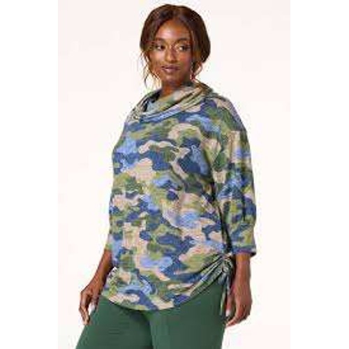 Nwt Camo Cowl Neck Top Drawstring 3/4 Sleeve Plus Size 26/28w